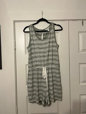 Striped Sleeveless Drawstring Romper - Green/White